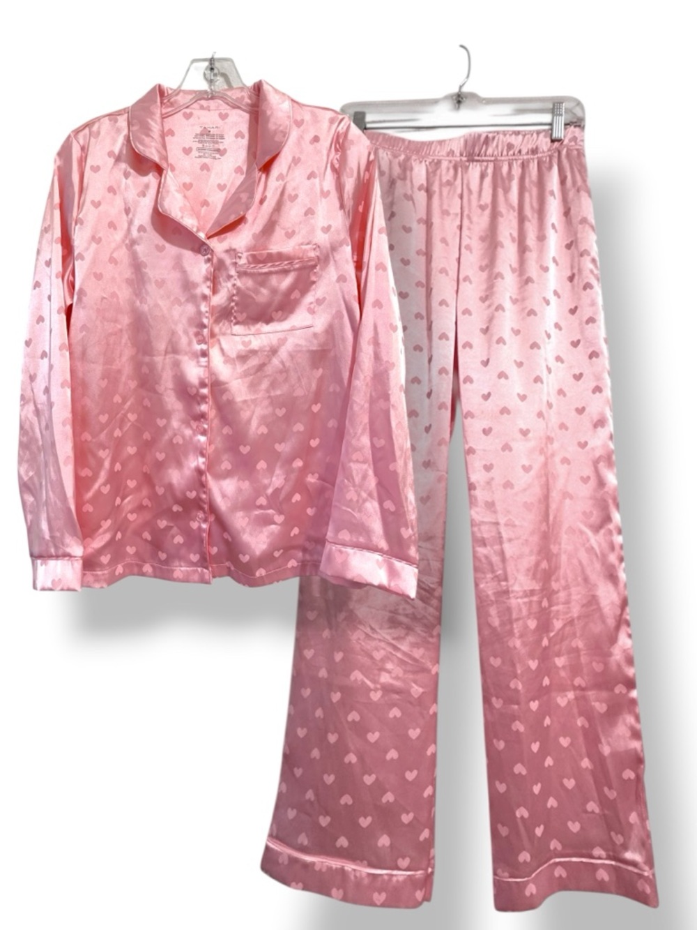 Tahari Pajama Set Pink Satin Heart-Print Button Down Wide Leg Pants Loungewear M